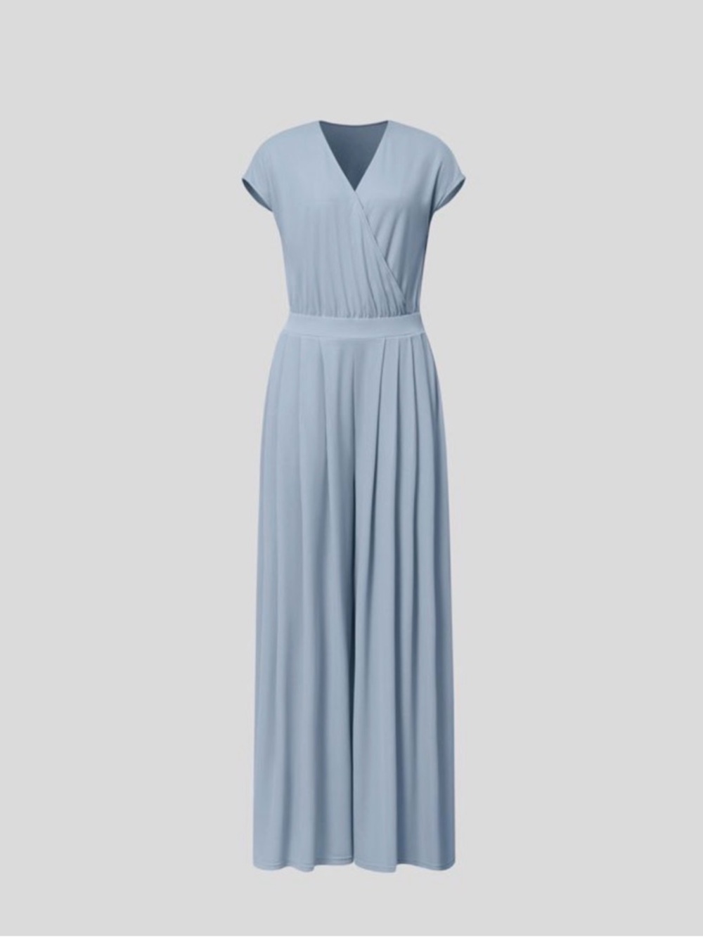 V Neck Short Sleeve Side Pocket Wide Leg Flowy Waffle Casual Jumpsuit Blue Med